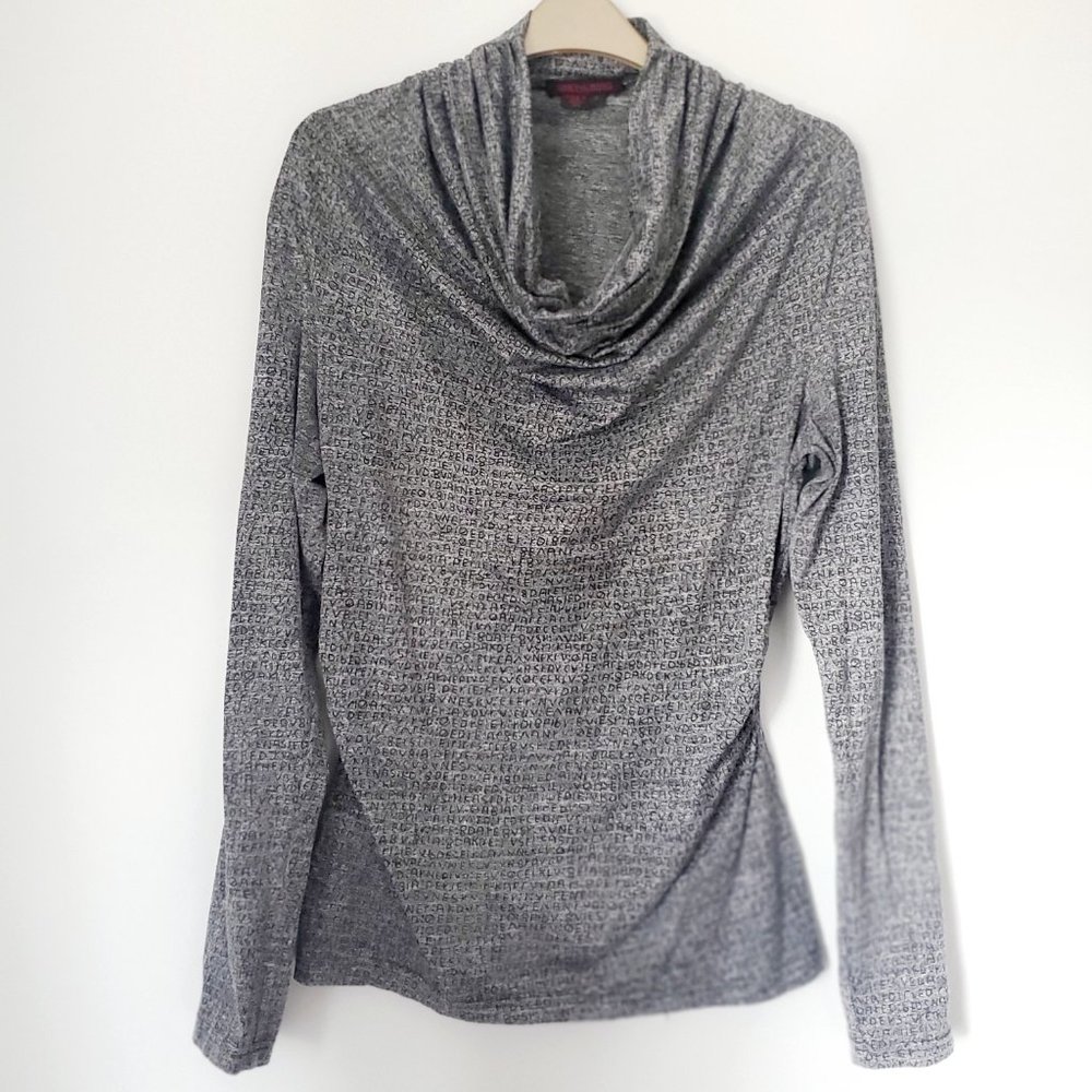 Designer SIMON CHANG Cowl Neck Top Ruched Sides Long Sleeves Alphabetic Pattern